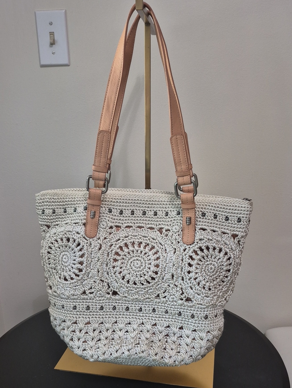The Sak Cream Crochet Tote with Tan Handles